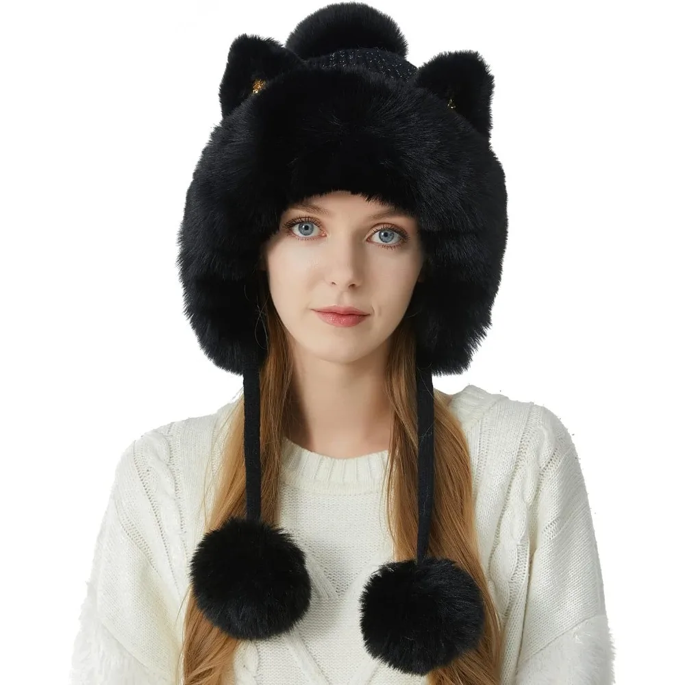 

Women Winter Peruvian Cover Ears Beanie Hat Ear Flaps Sherpa Ski Snow Hats Knit Fleece Lined 3 Pom Pom