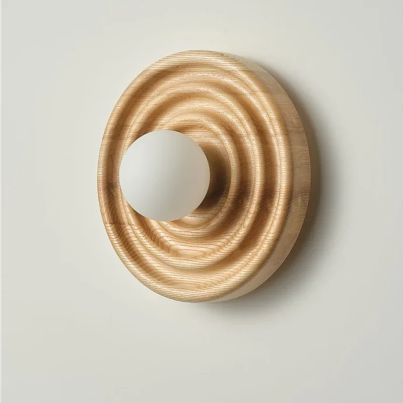 

Vintage Round Circle Ash Wood Wall Lamp Living Room Decoration LED Light Dark Wood Color Corridor Creative Bedside Wooden Sconce