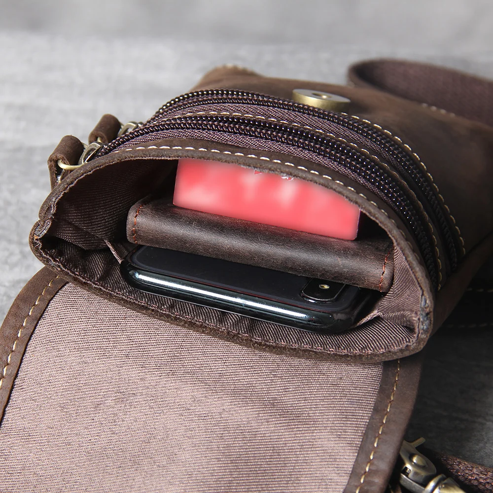 Hochwertige Echtleder-Brusttasche für Herren, Vintage Vollnarbenleder-Umhängetasche, Sling Bag, Tagesrucksack, Mini-Handytasche – Detail 14