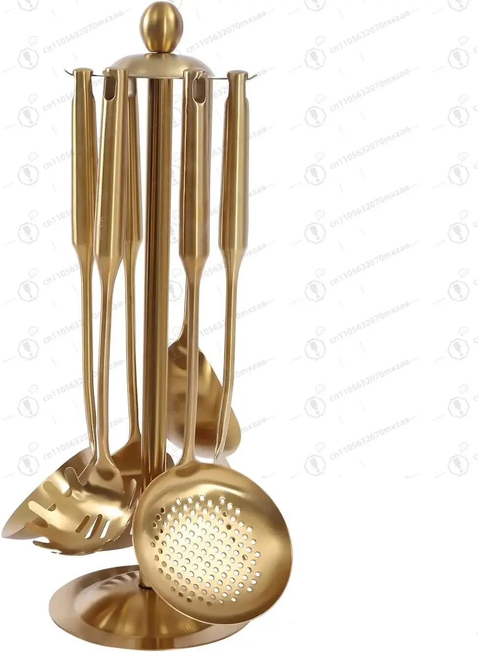 Elegant Gold Utensils Set 7-Piece with Stand, Stainless Steel Cooking Spoons & Ladle for Dishwasher Safe Cleaning