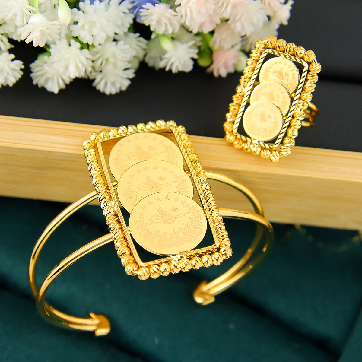 Arabisches Mode-Münzschmuckset 21k Vergoldet Türkische Vintage-Armreifen Ringe Kurdischer Brautschmuck für Frauen Vintage-Partyschmuck – Detail 10