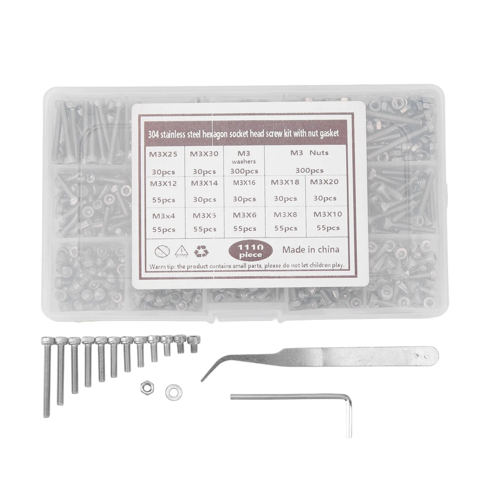 M3 Screw Assortment Kit 304 Stainless Steel Hex Socket Screws Nuts Washers Combination Set