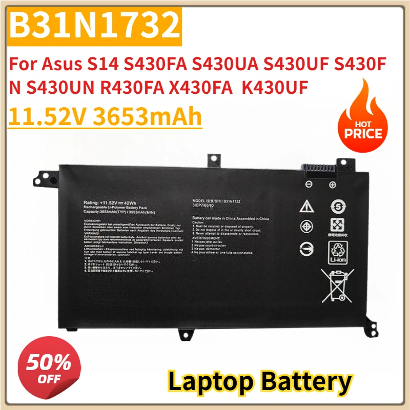 

New Replacement Laptop Battery B31N1732 for Asus S14 S430FA S430UA S430UF S430FN S430UN R430FA X430FA X430FN K430UF K430FA
