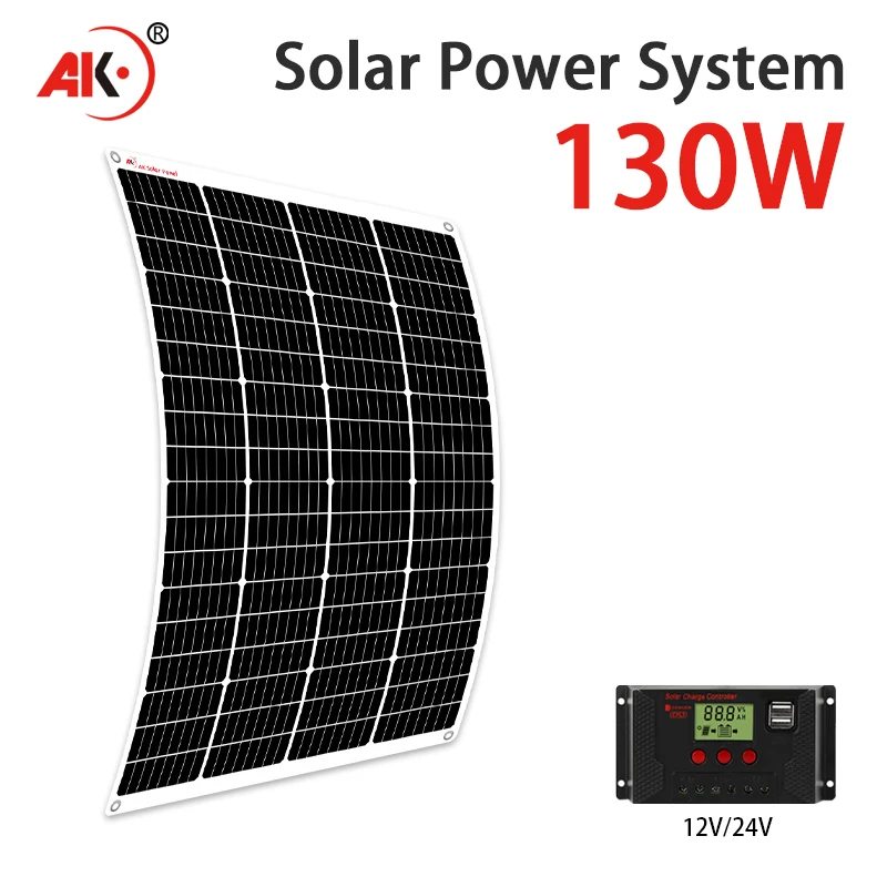 AK 130W flexible solar panel 21v 18v high efficiency battery charger module is suitable for camping car boat RV solar panel