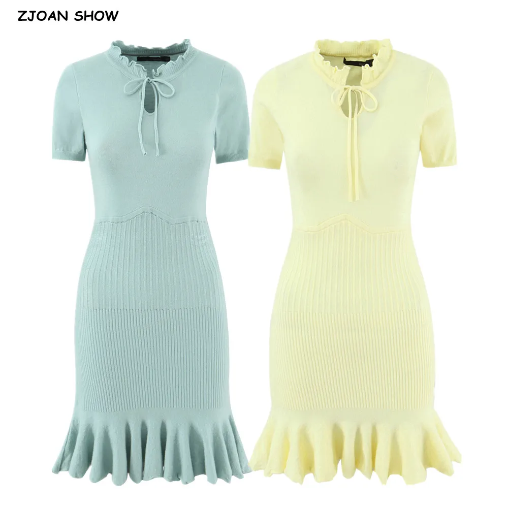 

Новое весенне-летнее вязаное платье с короткими рукавами для женщин, бант, деревянные уши, воротник, облегающее платье с оборками по подолу, бедра, платья, халат