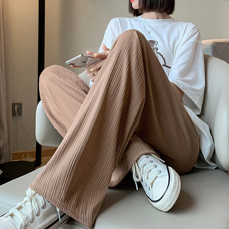 Summer New Ladies Ice Silk Light Wide Leg Trousers Girl Solid Color High Waist Loose Casual Floor Mopping Casual Pants