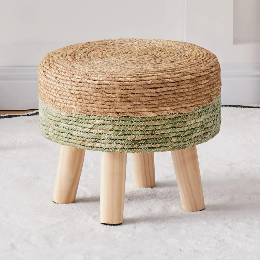 

Ottoman Natural Seagrass Footstool, Hand Woven Round Footstool with Futon, Living Room Natural/green with Pine Foot Pad