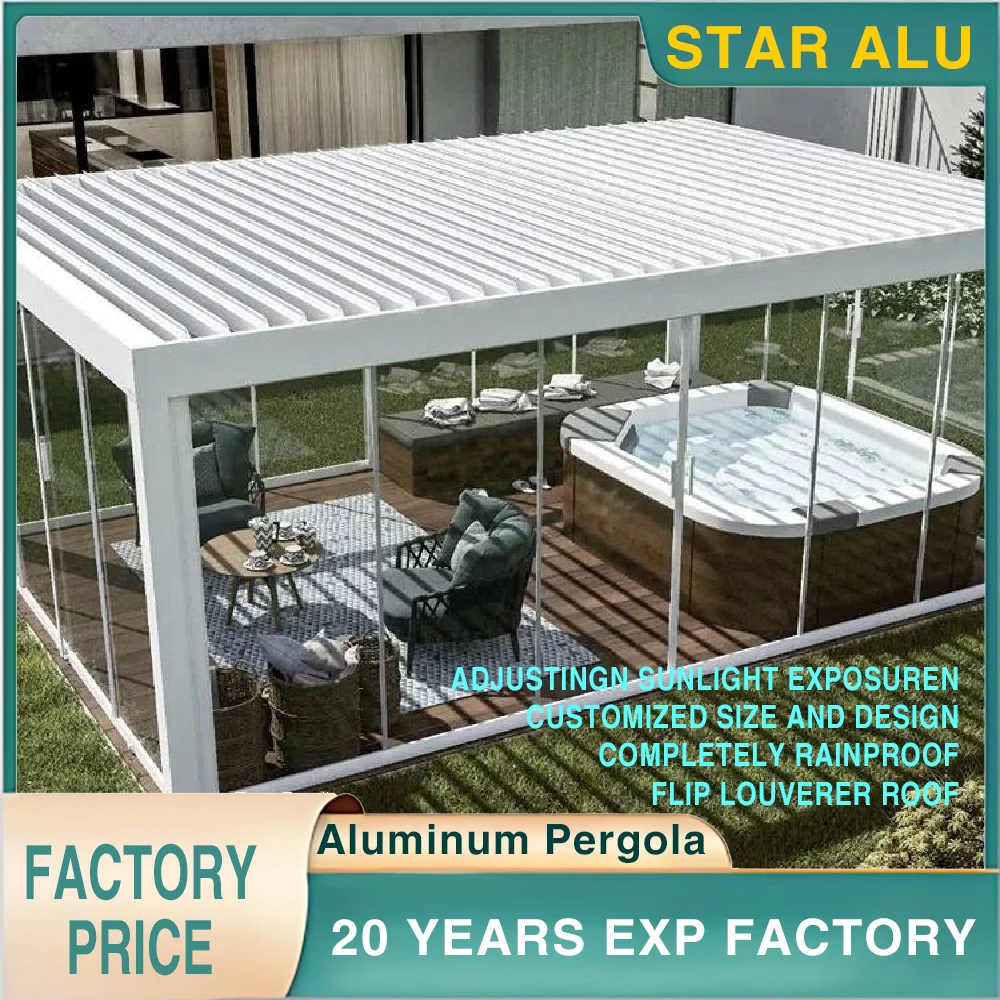 Luxury Aluminum Pergola Sunroom with Motorized Louvers and Sliding Glass Enclosures – Designed for Villas and Private Gardens
