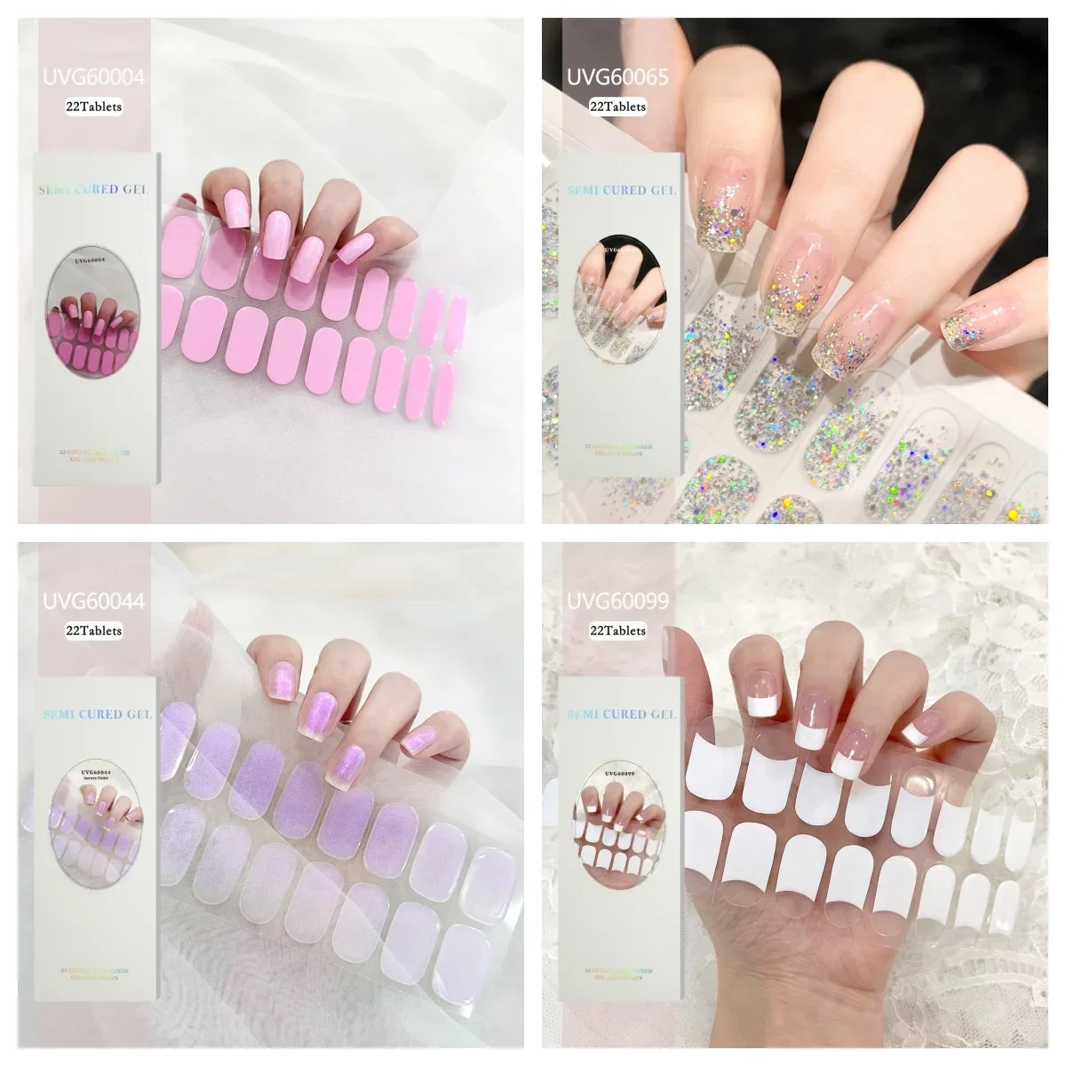 22Tips Nude Semi-Cured Gel Nail Patch Slider Adhesive Waterproof Long Lasting Aurora Full Cover Gel Nail Sticker UV Lamp Needed