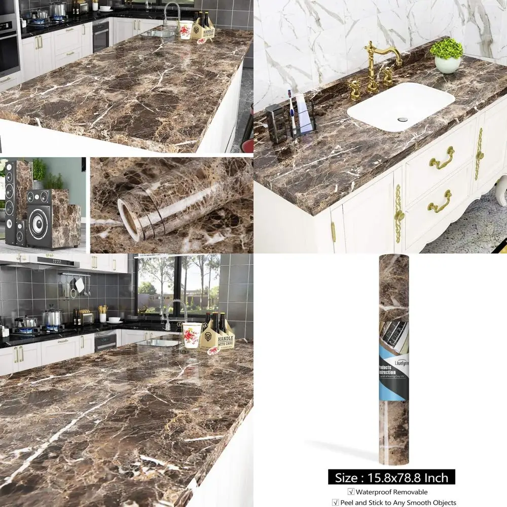 ورق اتصال قابل للتقشير واللصق مقاوم للماء باللون البني الداكن لأسطح المطبخ - بعرض 36 × 197 بوصة، ورق جدران سهل الاستخدام لـ C