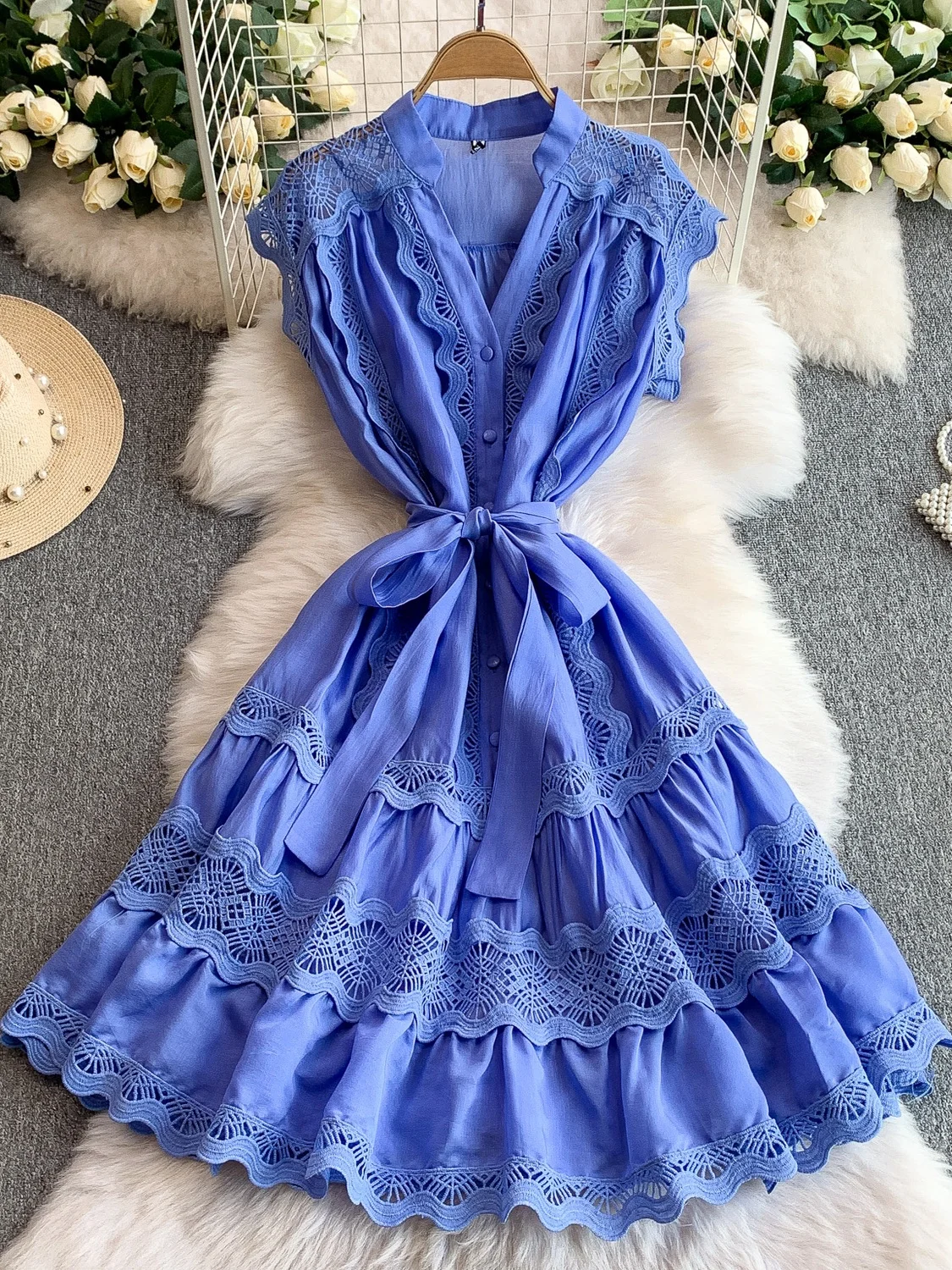 Vestido de Verão com Decote em V e Mangas Curtas em Renda, Saia em Camadas de Cintura Alta Estilo Coreano, Vestido Midi ina...