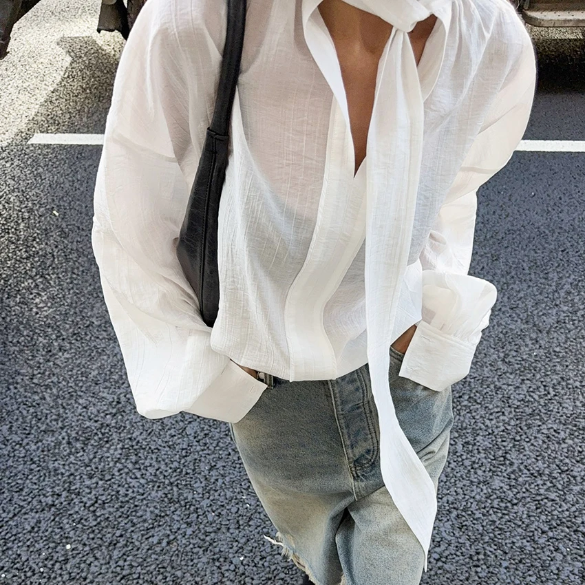 

Linad Sexy White Sheer Lace Up Woman Blouse Autumn Street Chic Long Sleeve Shirts Female Casual Pullover Ladies Tops 2025 New