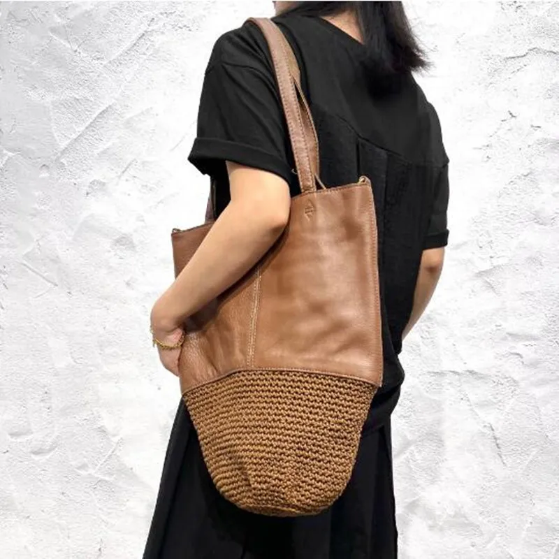 Brand design luxury Leather women\'s bag handmade first layer cowhide woven shoulder bag messenger bag dual-use big bag