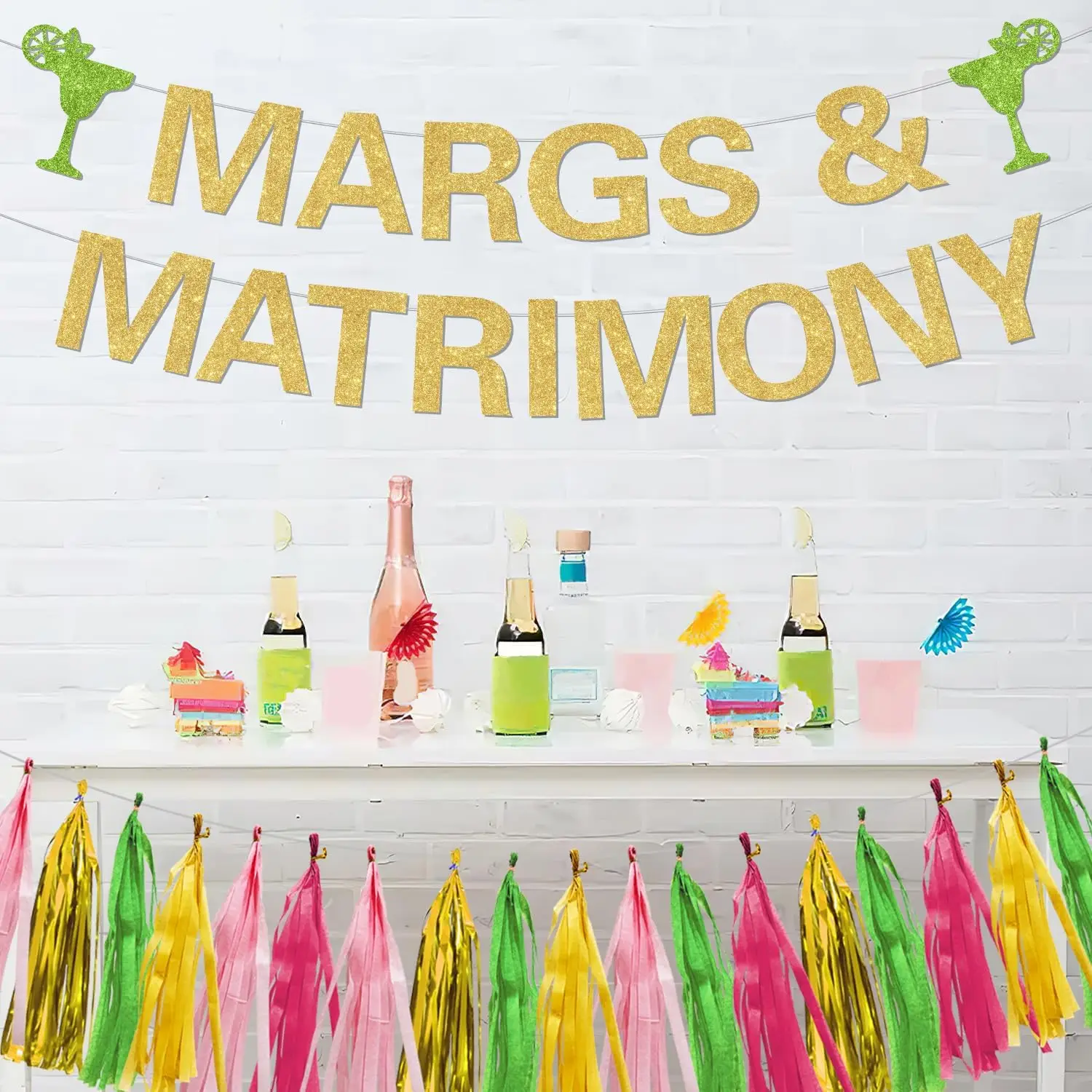 FUNMEMOIR-Margs and Matrimony Bachelorette Party Decor, Gold Glitter Garland, Paper Tassel Banner, Bridal Shower Supplies