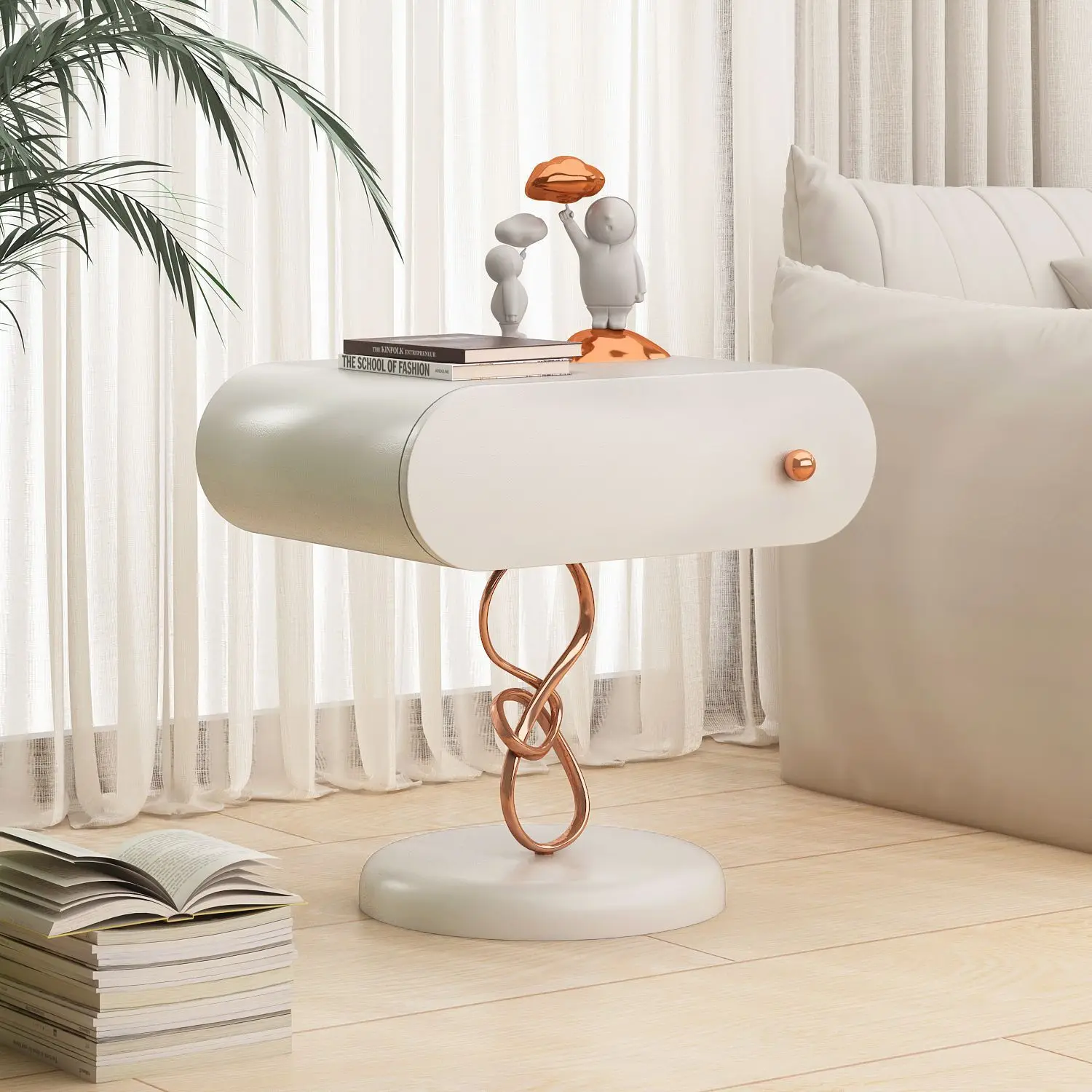 Italian light luxury, creamy bedside table, simple solid wood, bedroom storage bedside table