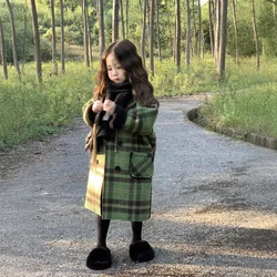 2025 Autumn and Winter New Korean Style Children's Clothing for Girls Fashionable Double-breasted Cuffs, Plaid Grain Woolen Coat