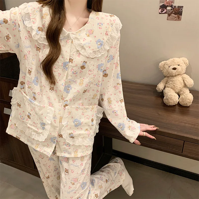 Cute Pajamas Cartoon Lace Doll Collar Long Sleeve Sleepwear Women Sweet Style Mama and Young Woman Homewear Samll Dog Print image 2
