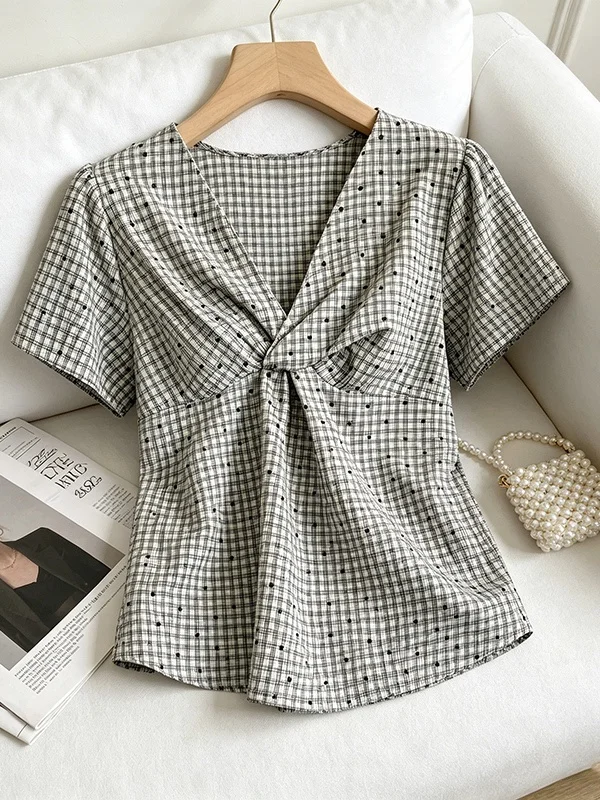 

Summer New Design plus Size Women's Shirt V-Neck Short Sleeve Anti-Aging Folded Hem Versatile Top Korean Style Commute Wind