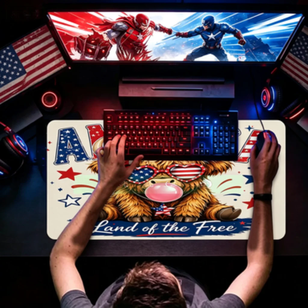 American Flag Bull Desk Mat, Western Cowboy Bull Mouse Pad, Black White Cowboy PC Accessory, Vintage Slogan Longhorn Desk Mat.