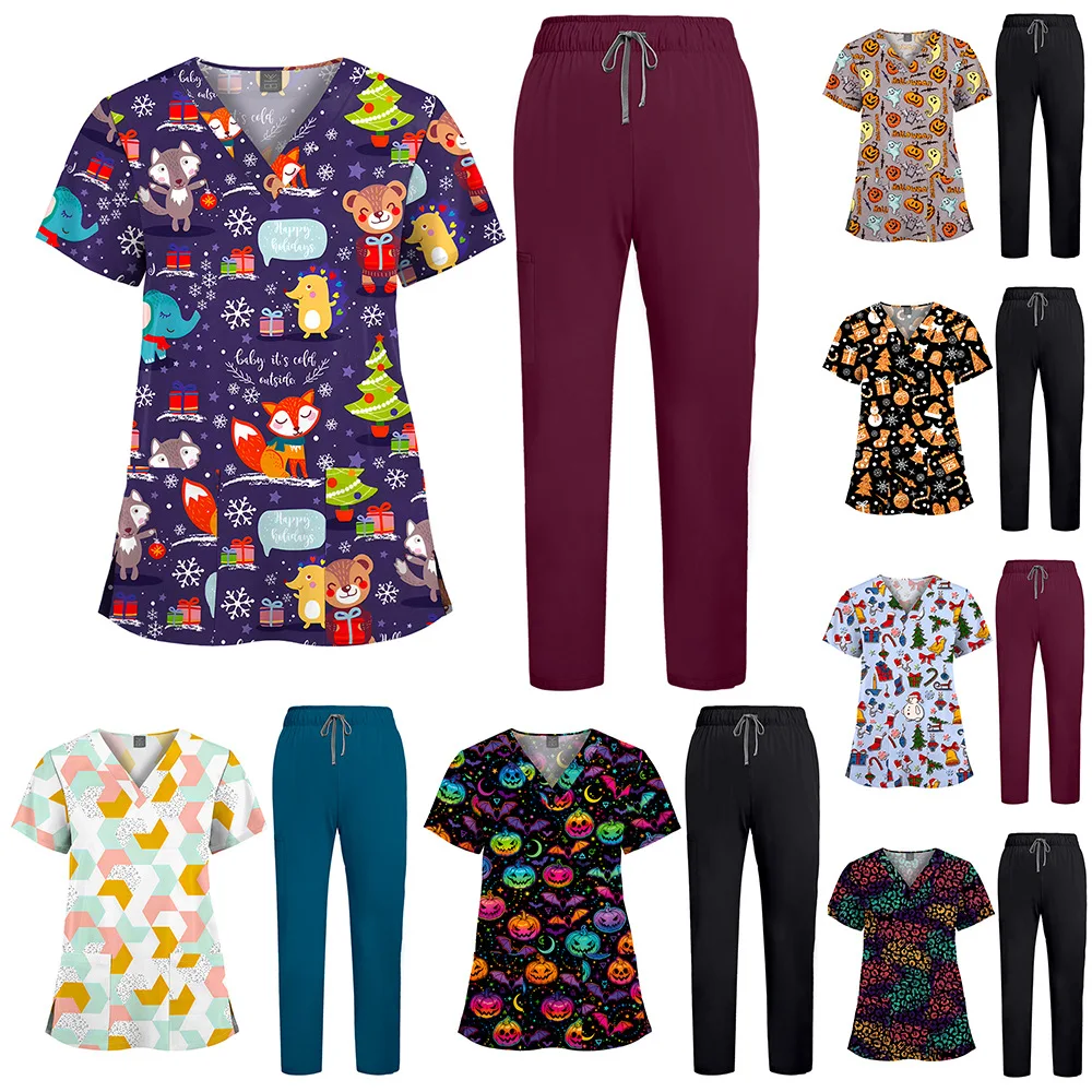 

Print Medical Uniforms Elastic Scrubs Sets Women Nurses Accessories Dental Clinic Beauty Salon Spa Pet Shop Workwear Clothing