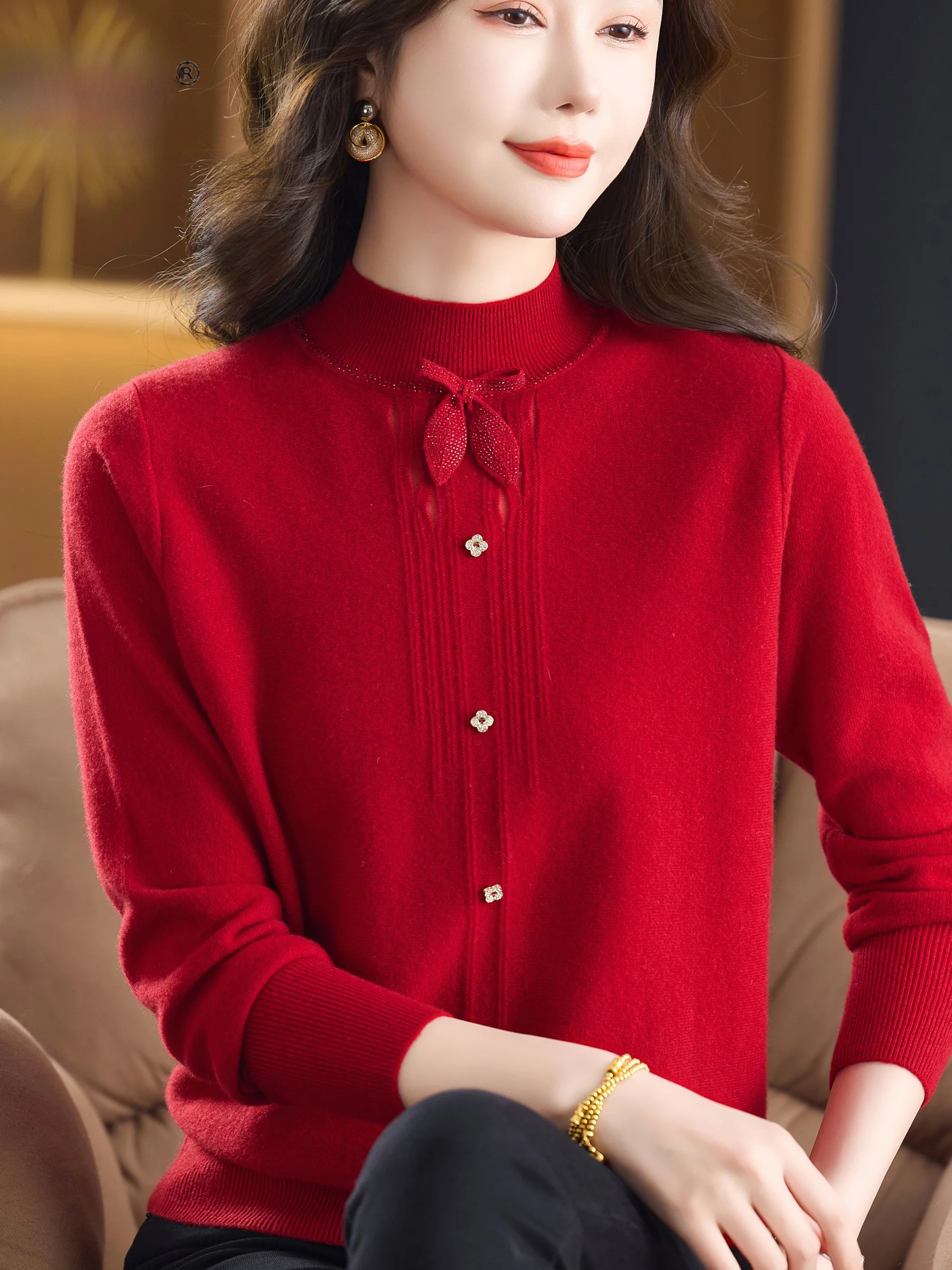 

Вязаный свитер Sli Mommy с высоким воротником 00 из чистой шерсти, женский новый свитер среднего возраста и ly Knot Base irt