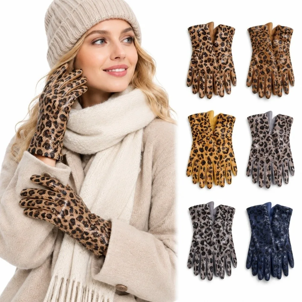 Windproof Touchscreen Gloves Elastic Cuff Full Finger Faux Suede Gloves Ladies Design Leopard Pattern Leopard Print Gloves