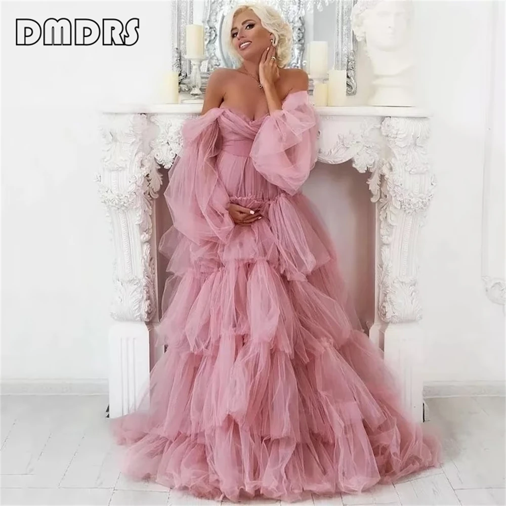 Off-the-Shoulder Tulle Gown | Multilayered Long Women Prom Dress Asymmetry Maternity Gown Celebrity Style Dresses Modelling Gown