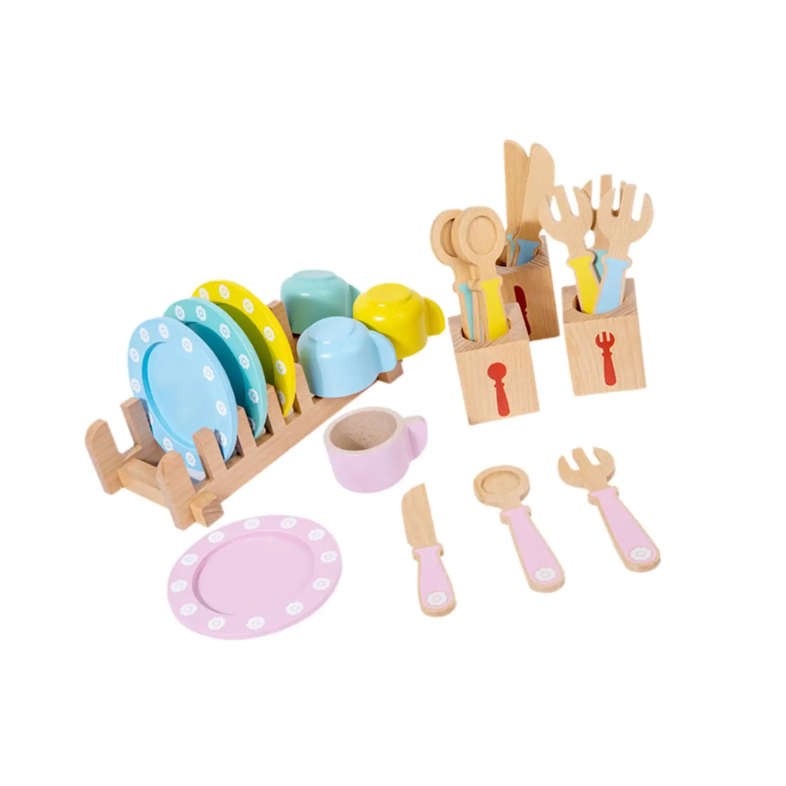Kitchen Set Toy Wooden Play Dishes and Plates for 3 4 5 6 7 8 Year Olds