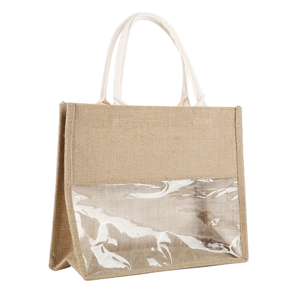 

Linen Bottle Bag Flax Tote Rustic Clear Window Portable Storage Gift Pouch Reusable PE Film Travel Decor Bottle Carry