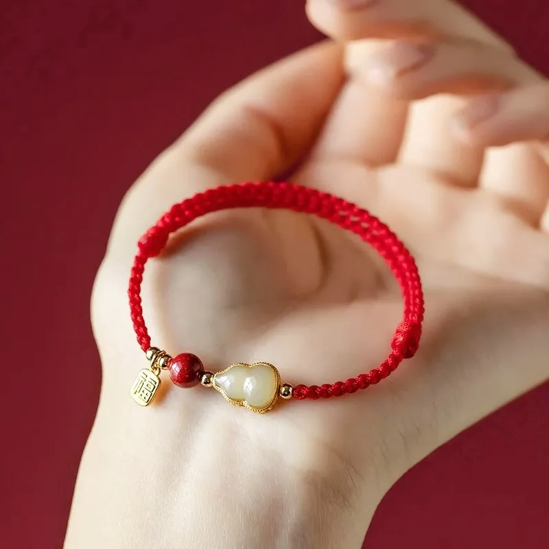 

Cinnabar Fu Lu Gourd Red String Bracelet Inlaid Jade Gourd Cinnabar Fu Tag Handwoven Red Bracelet for Birth Year Gifts
