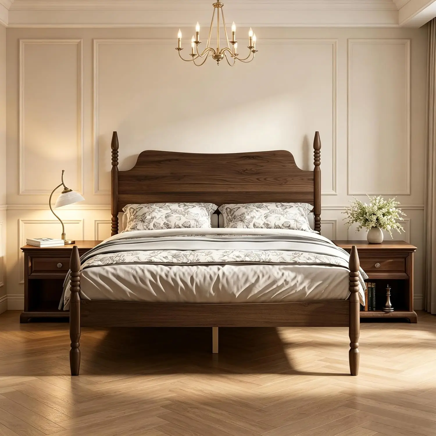 Vintage Platform Bed Tall Headboard Wood Slat Support No Box Spring Easy Assembly Rustic Style, Customized