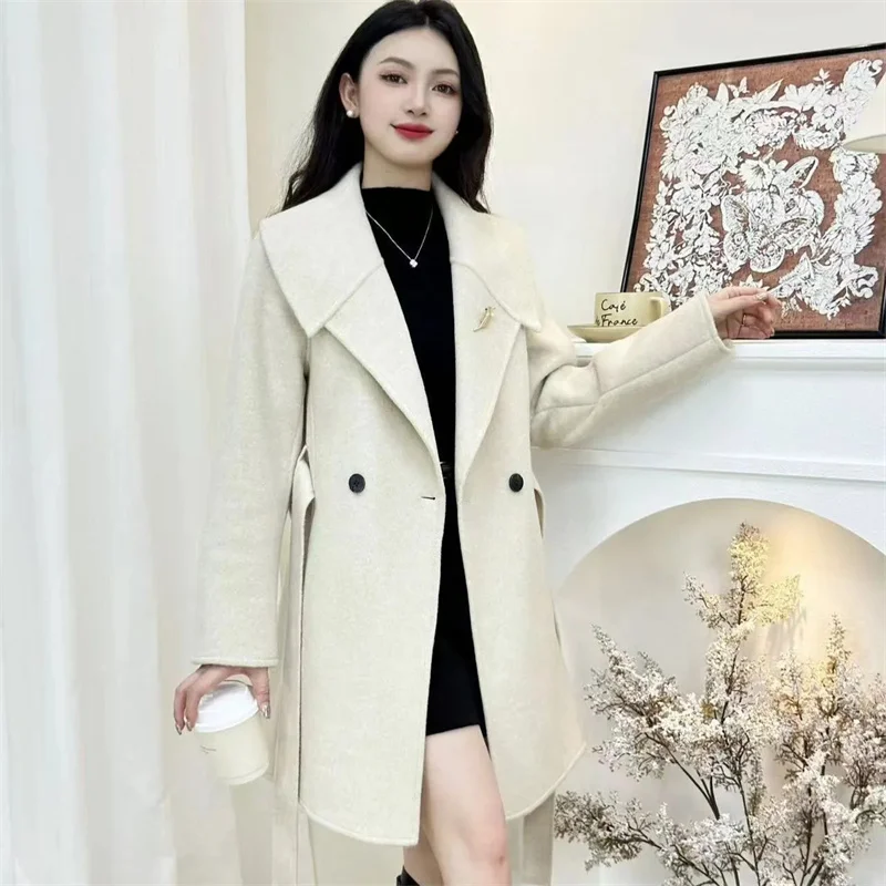 سترة صوفية عصرية للسيدات ذات وجهين للربيع والخريف بأكمام طويلة ملابس خارجية كورية للسيدات معطف متوسط الطول غير رسمي #4