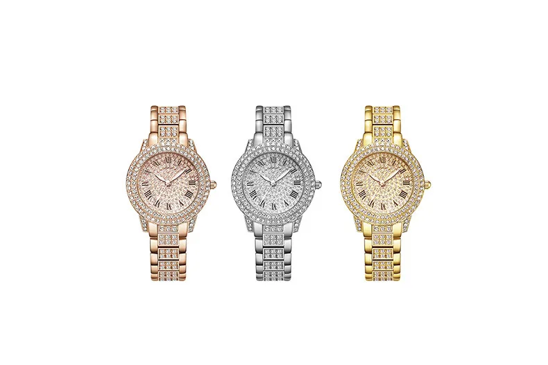 Elegant Women Electronic Watch Rose Gold Roman Numerals Full Diamond Quartz Watch Wholesale