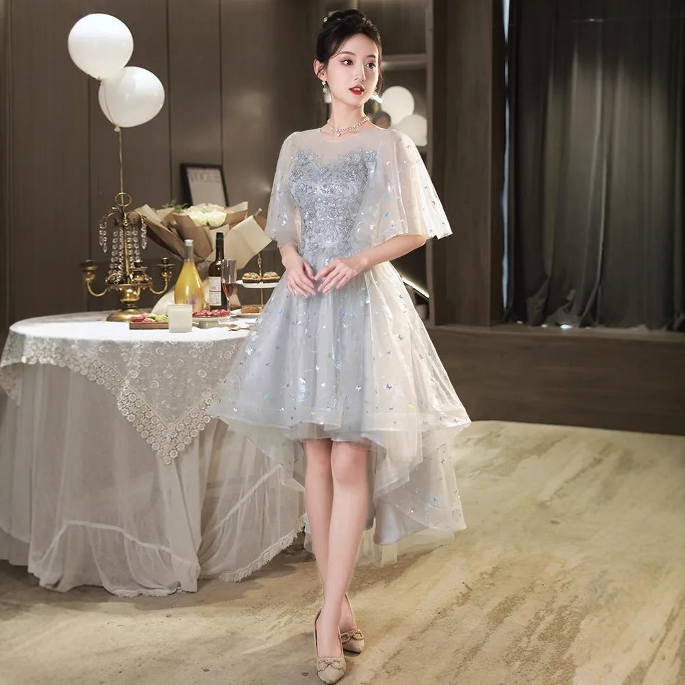 

Elegant Women's Evening Dress French Style Sequined Tulle Prom Gowns Fashion Short Sleeved Graduation Tailcoat Dresses
