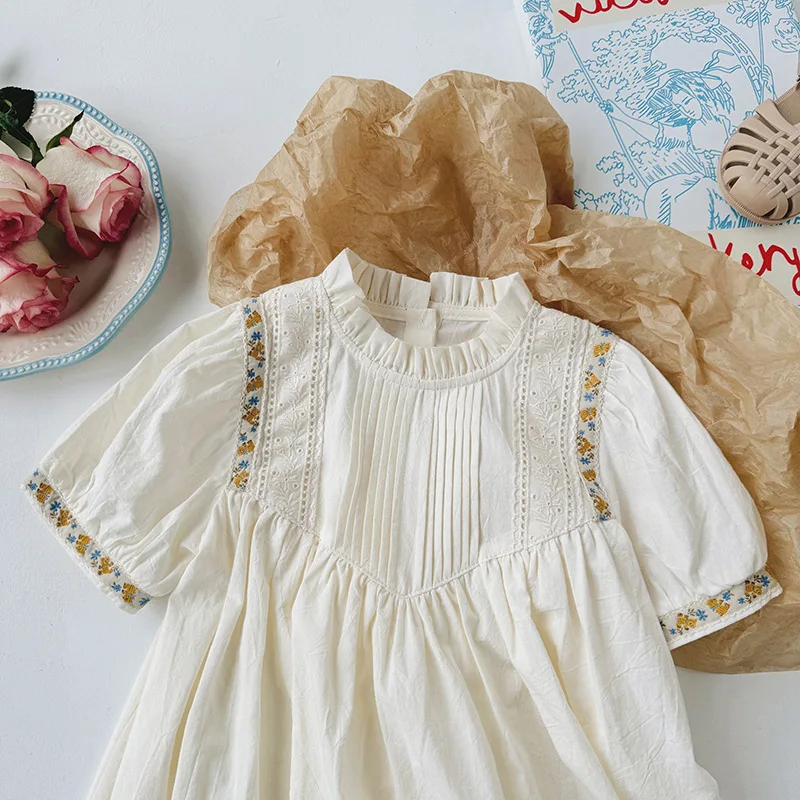 French Style Girl's Dress Standing Collar Lace Pleated Embroidered Dress Summer Short Sleeved Princess Dress