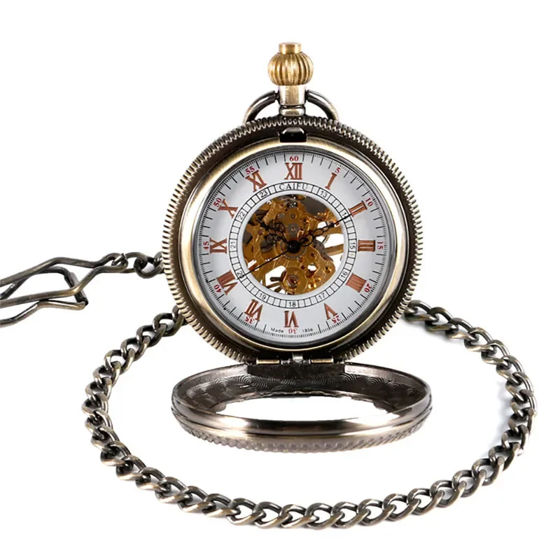 Bronze Transparent Cover Skeleton Handwinding Mechanical Pocket Watch for Men Women Roman Number Dial Pendant Chain Gift