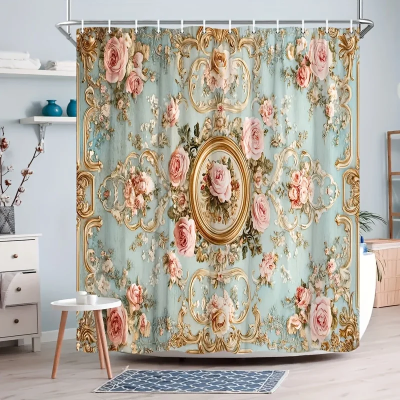 2D Flat, 2D Flat, 1pc Luxurious Vintage European Palace-Themed Shower Curtain with Floral Patterns; Features Golden Carved Decor - view 3
