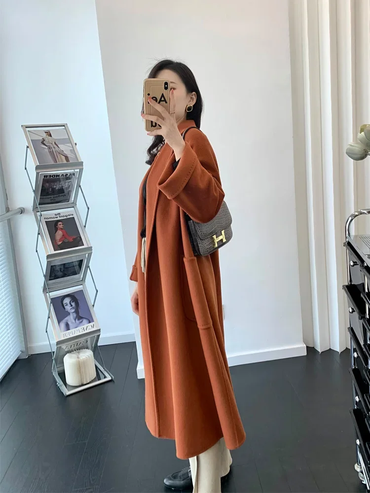 Pumpkin Color Labbro Double-Sided Pure Cashmere Water Ripple Coat High-End Mid-Length Woolen Jacket Women Opulence In Style