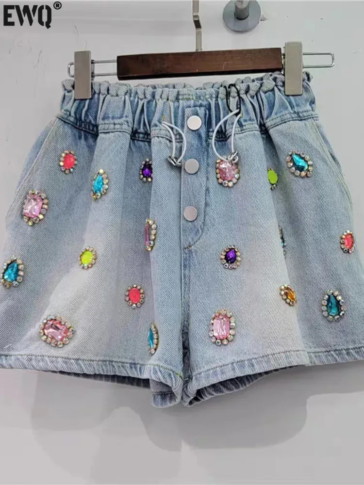 

[EWQ] European Fashion Style Sequined Gemstone High Waist Design Denim Short Pants For Women’s 2024 Summer New Tide GZ424