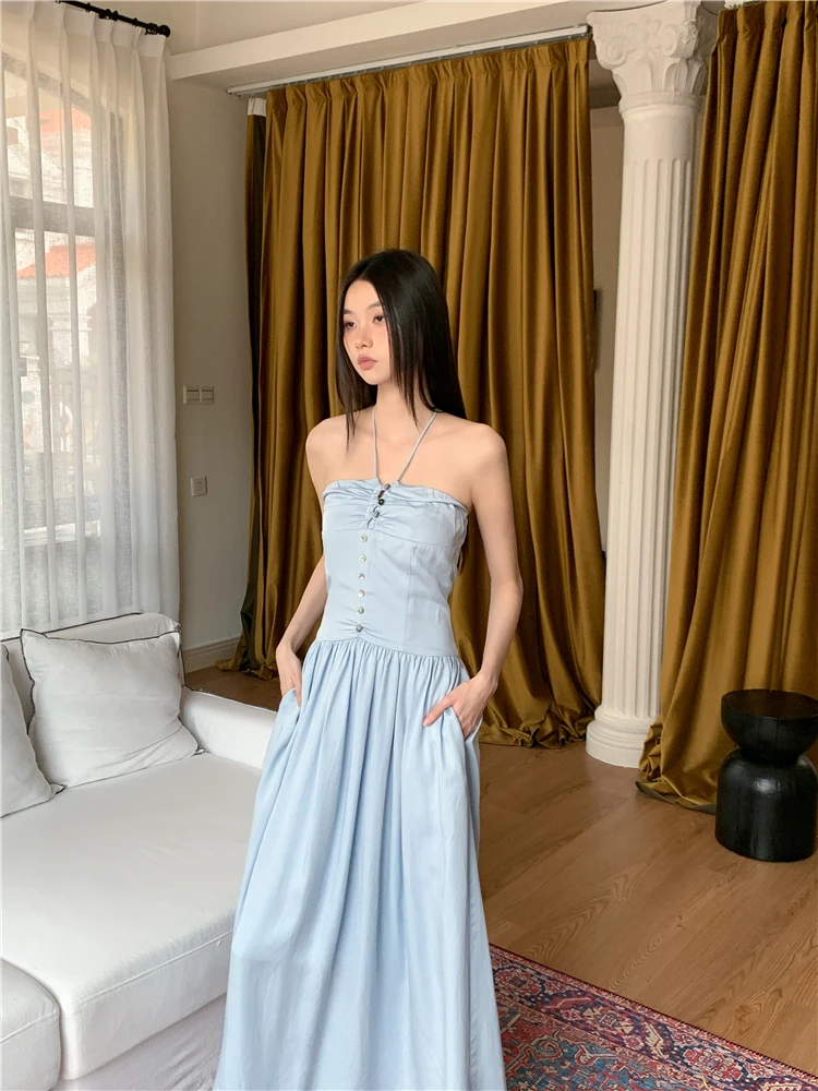 CHEERART Blue Strapless Long Vacation Dresses 2024 Women Summer Backless A Line Halter Maxi Dress Holiday Clothes