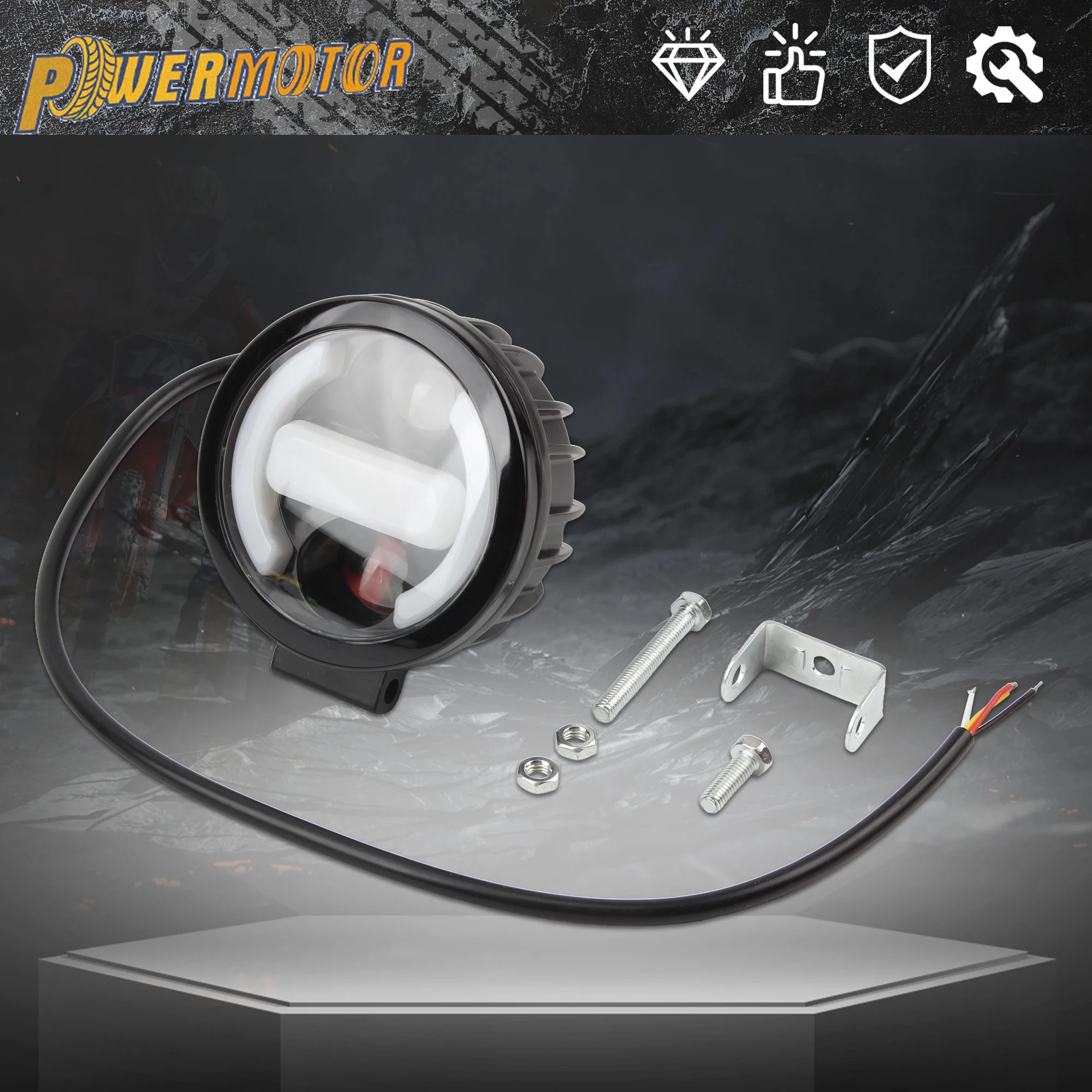 

Powermotor Motorcycle LED Spotlight White Yellow Light Fog Lamp ATV Motorbike Accessories 12V 24V Angel Eye Spot Light 3.5 inch