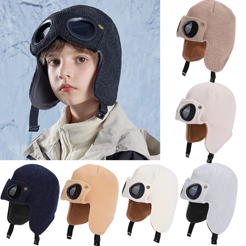 

Fashion Kids Hats Plus Velvet Warm Goggles Hat for Boys Girls Ski Windproof Ear Protection Caps Winter Outdoor Children Supplies