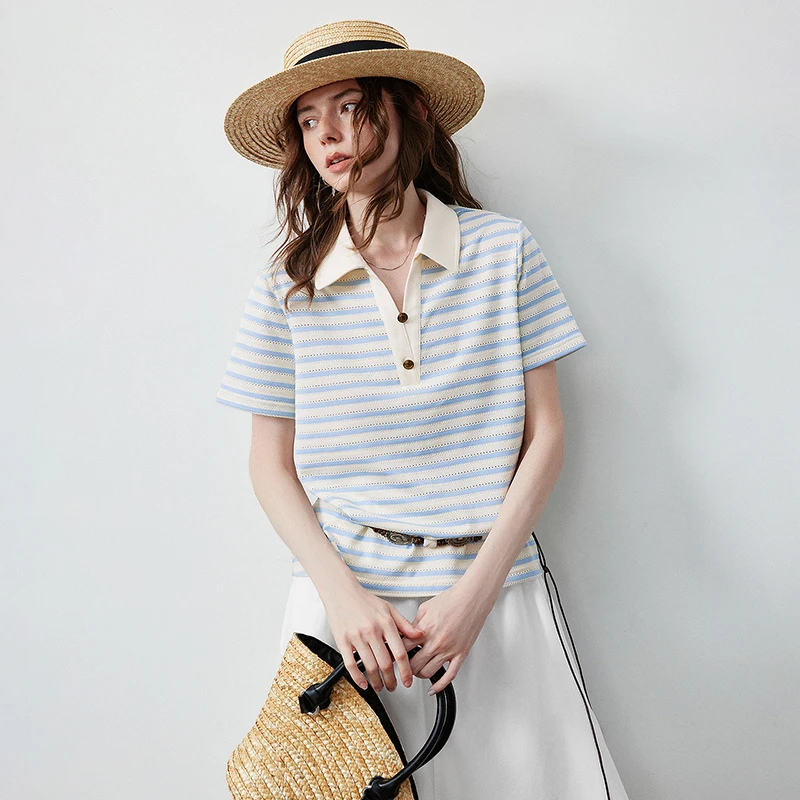 TOYOUTH Women's T-Shirt 2026 Summer New Hollow Stripe Color Block Polo Collar Nautical Top, Loose Fit Vintage Tee image 3