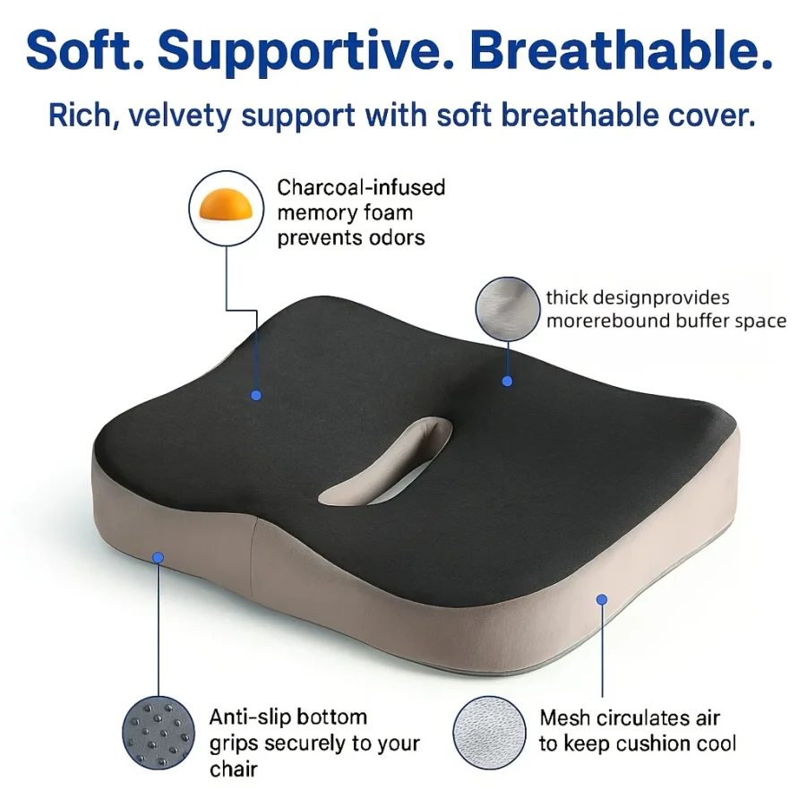FULLHOT 1pc Memory Foam Seat Cushion, 3D Ergonomic Support, Light Green/Grey, Washable Polyester, for Car & Office Home Decor
