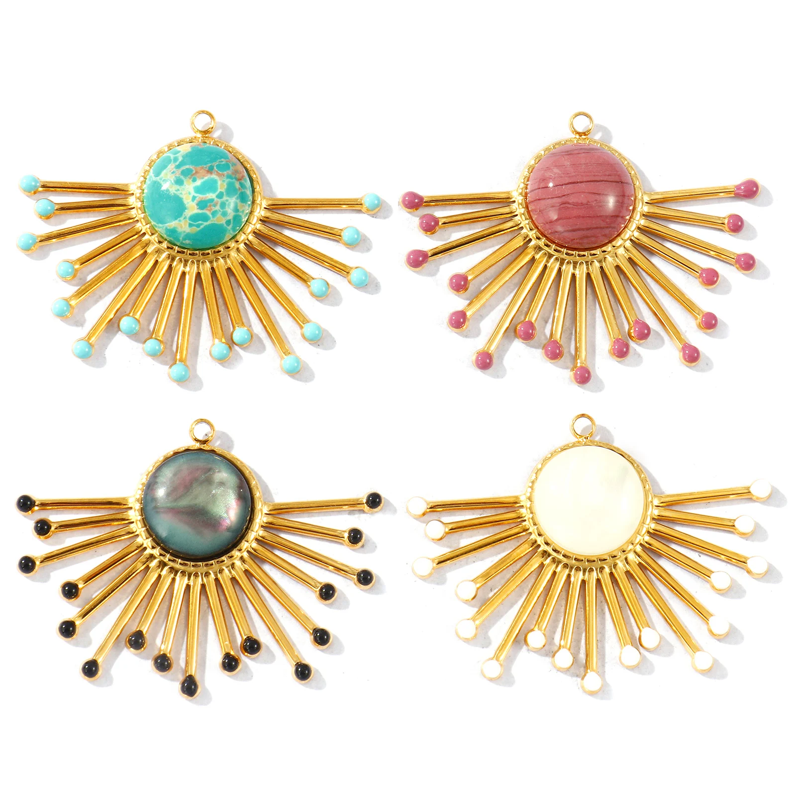 1 Piece Enamel Fan-shaped Natural Stone Pendants 18K Gold Plated 304 Stainless Steel Charms For DIY Necklace Making 4cm x 3.1cm