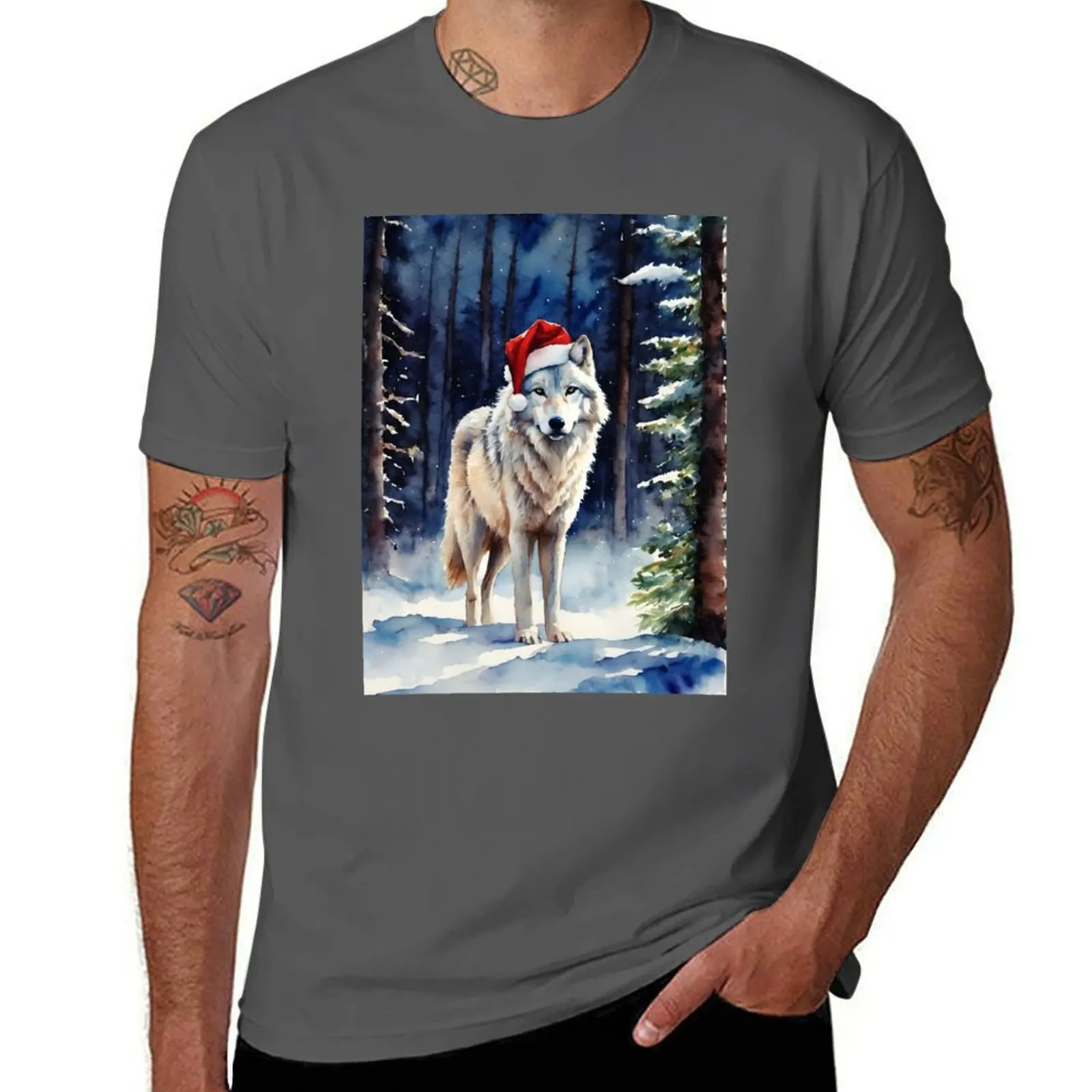 

Snowy Wolf - Winter Scene of a White Wolf in Santa Hat T-Shirt man t shirts graphic T-Shirt