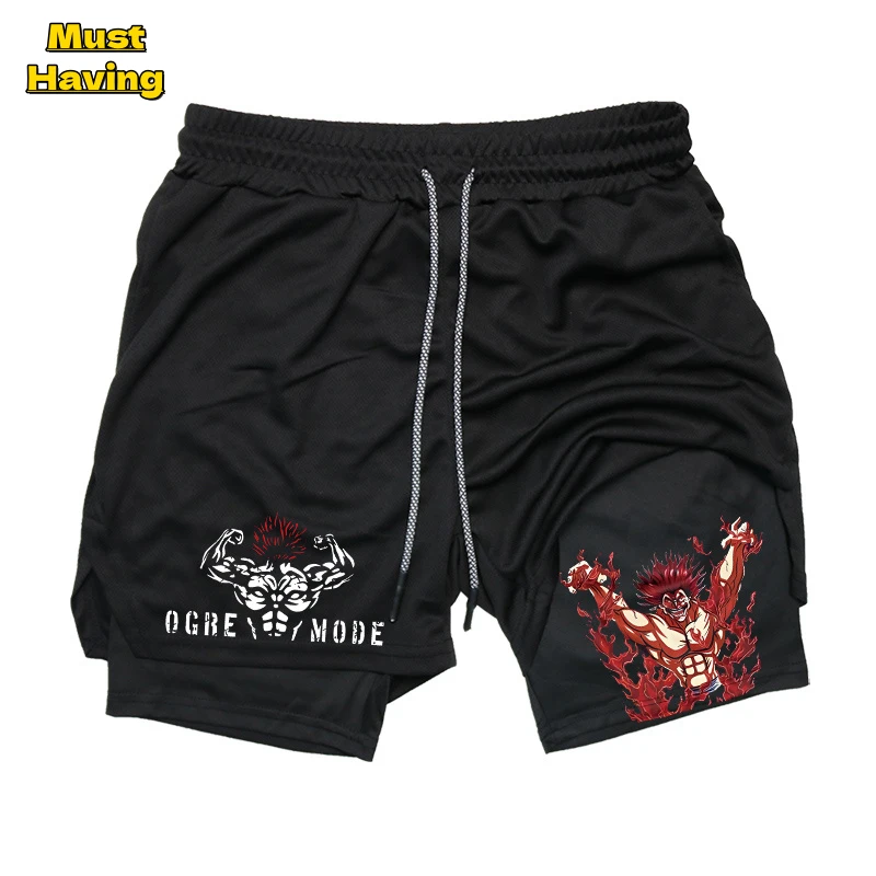 Anime Baki Print Athletic Shorts Mens 2-in-1 Performance Gym Shorts with Towel Loop Quick Dry Stretchy Running Workout Fitness