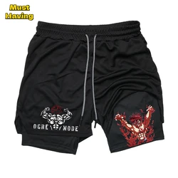 Pantalones cortos atléticos con estampado de Anime Baki para hombre, 2 en 1, correr, entrenamiento, Fitness