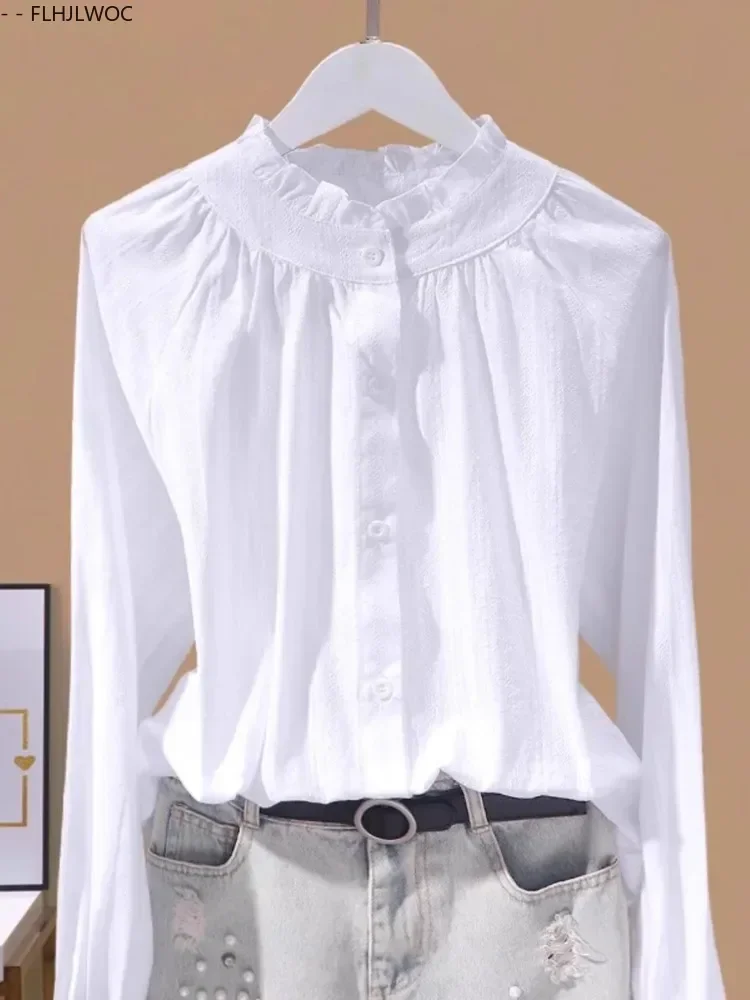 Chemises à boutons blancs, nouveau Design, mignon et doux pour filles et femmes, printemps été, longs volants, mélange de coton, hauts, 2025