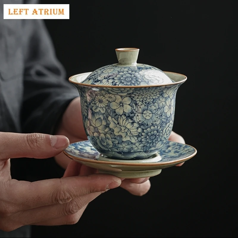 

Antique Flowers Ceramic Opening Gaiwan For Tea Blue Tureen Teaware Set Chinese Tea Bowl Chawan Tea Cup